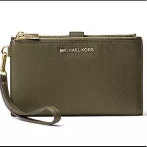 Michael Kors Adele Double-Zip Pebble Leather Phone Wristlet- Olive